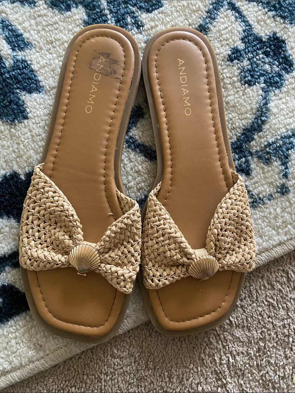 Andiamo Tan Woven Slip-On Mules with Shell Accent